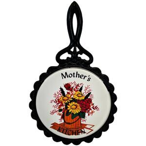 Cast Iron Ceramic Tile Vintage Trivet Hot Pad Mid-State Mother's Kitchen Flowers